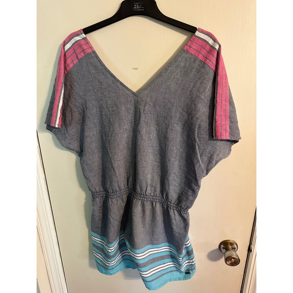 Roxy Nautical Mini Dress Grey Pink Teal Striped 100% Cotton Coastal Beach Size M